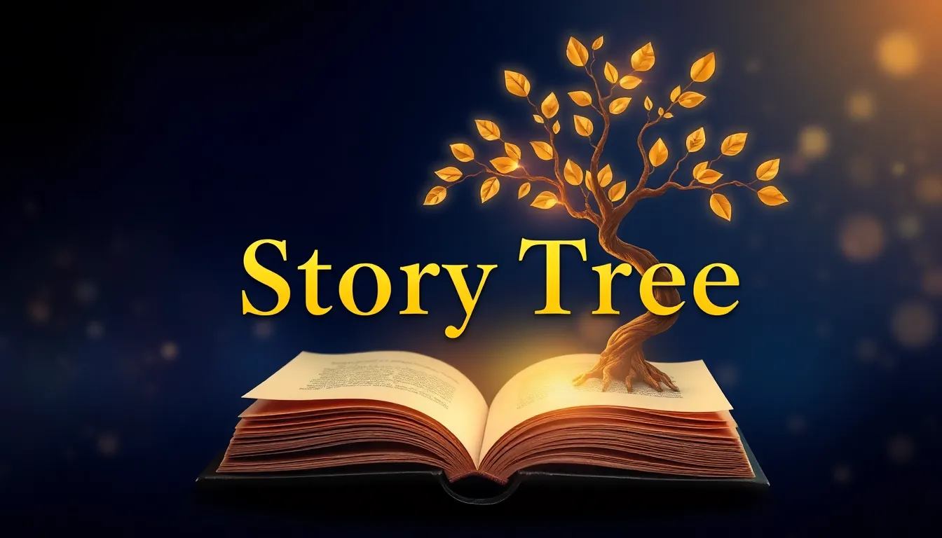 Story Tree App Banner showing a golden tree growing out of an open book.
